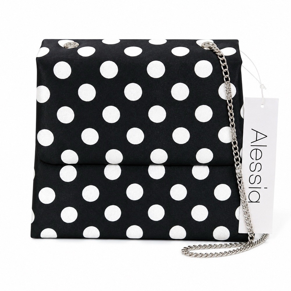 Alessia Black White Polka Dot Box Clutch Crossbody Purse NWT Chain Strap AZ9911
